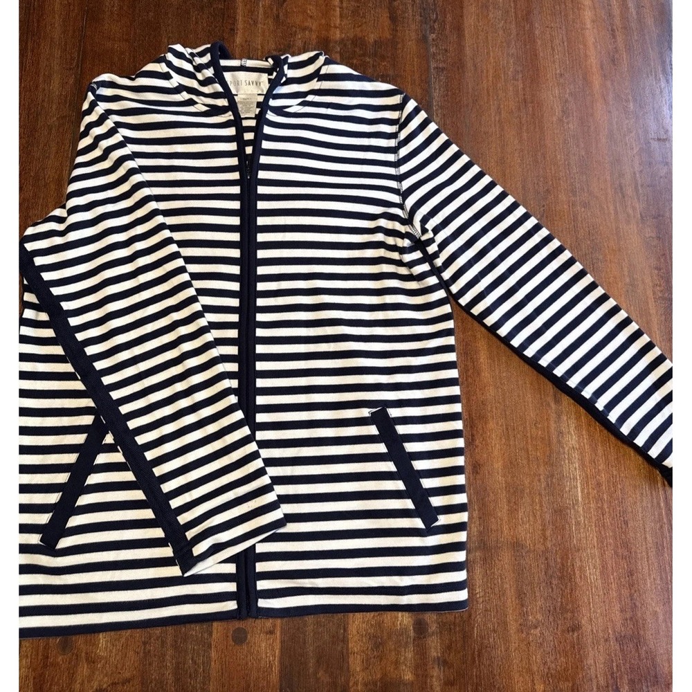 Sports Savvy Hoodie White/Blue‎ Stripes Full Zip Pockets Small